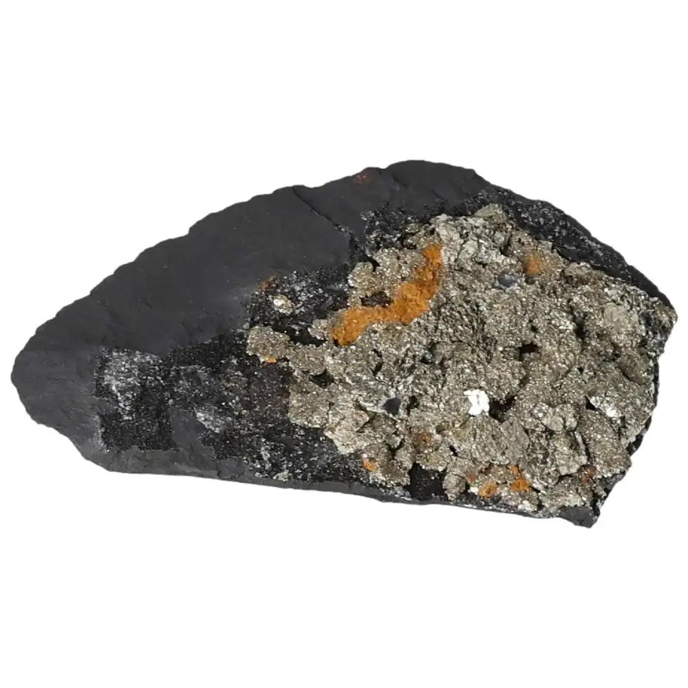 Pyrite with Basalt stone from Sylvia Crystals showcasing mineral texture and color contrast for energy and grounding.