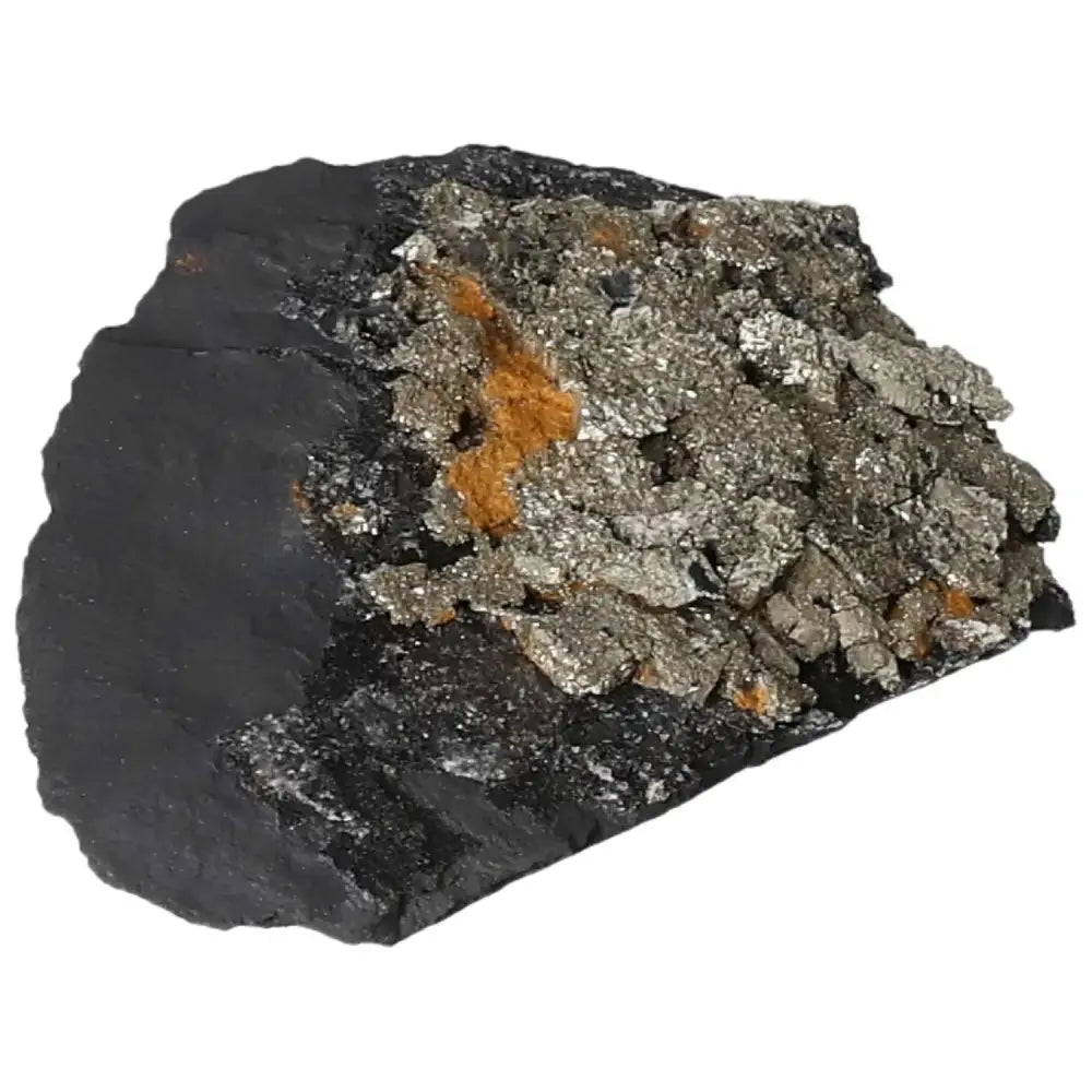 Pyrite on basalt rock slab by Sylvia Crystals, showcasing Pyrite's energizing properties and Basalt's grounding nature.