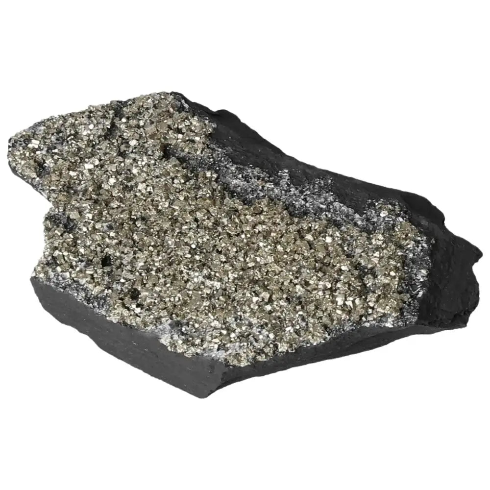Handpicked Pyrite and Basalt stone by Sylvia Crystals, showcasing a glittering texture for empowerment and personal growth.