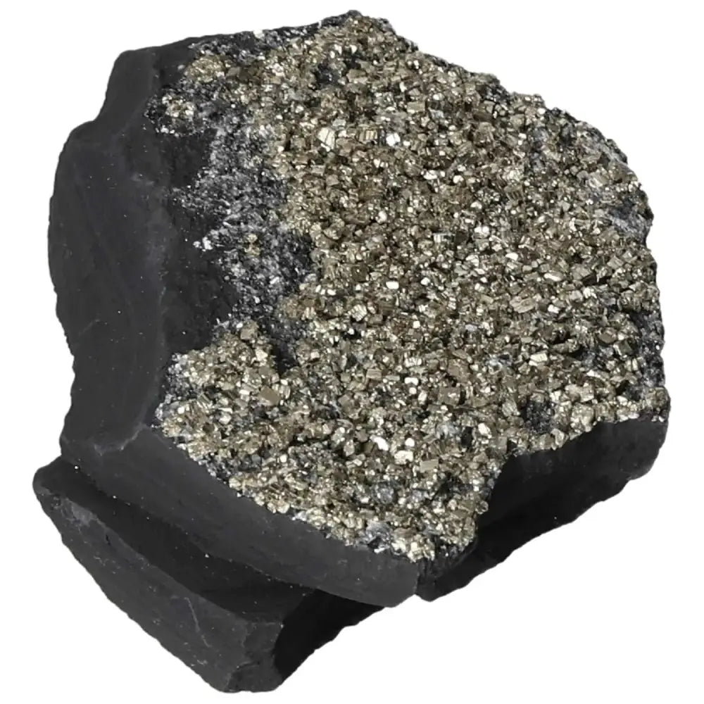 Pyrite with Basalt stone from Sylvia Crystals, symbolizing empowerment and personal growth.