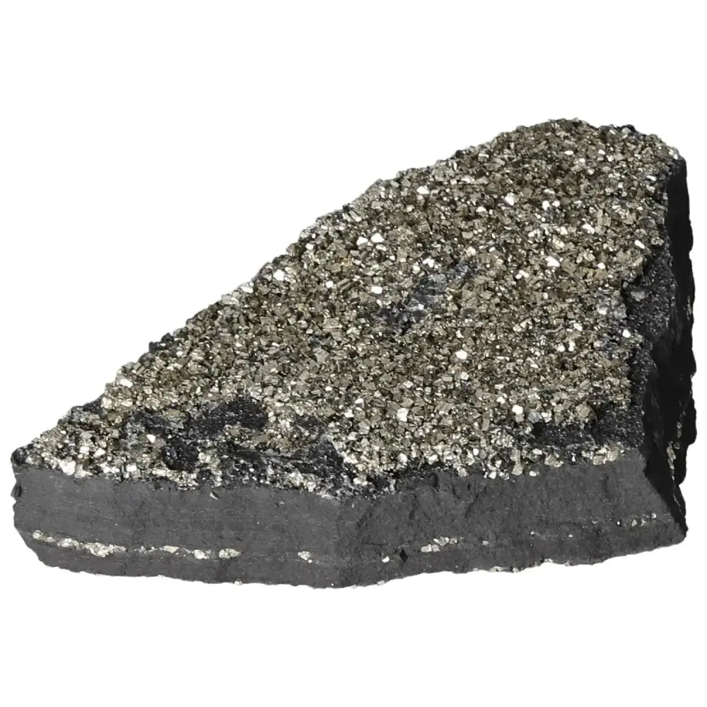Sparkling pyrite on basalt stone, a unique mineral combination for creativity and courage, from Sylvia Crystals collection.
