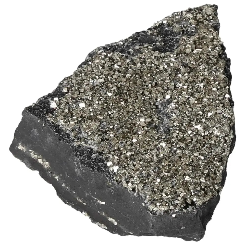 Shimmering pyrite with basalt stone from Sylvia Crystals, a blend for transformation and empowerment, ideal for creativity and courage.