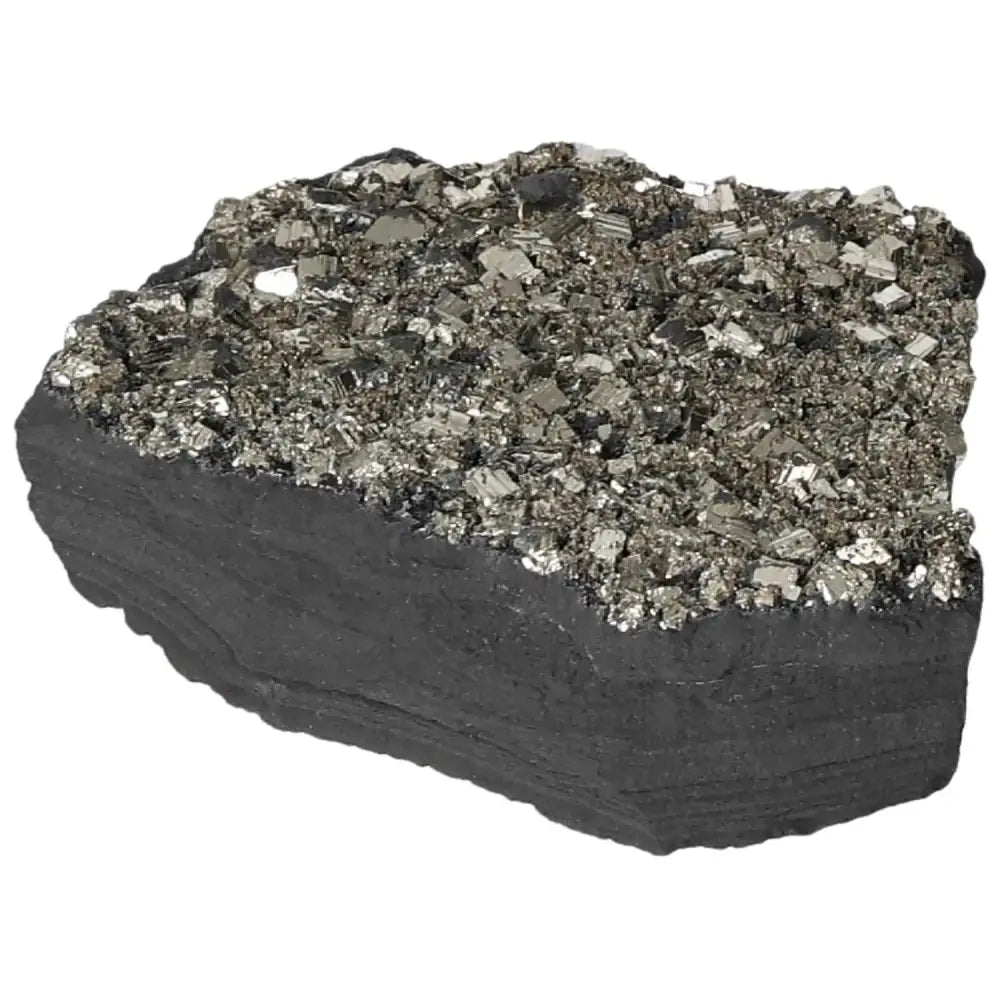 Pyrite with Basalt stone from Sylvia Crystals, showcasing a shimmering surface and dark base for mental strength and success-boosting energy.