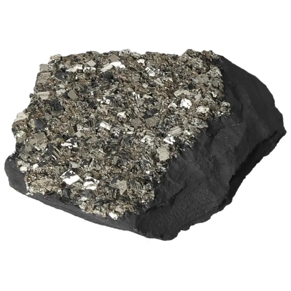 Pyrite with Basalt crystal from Sylvia Crystals, showcasing metallic sheen and dark basalt base for energy and empowerment.