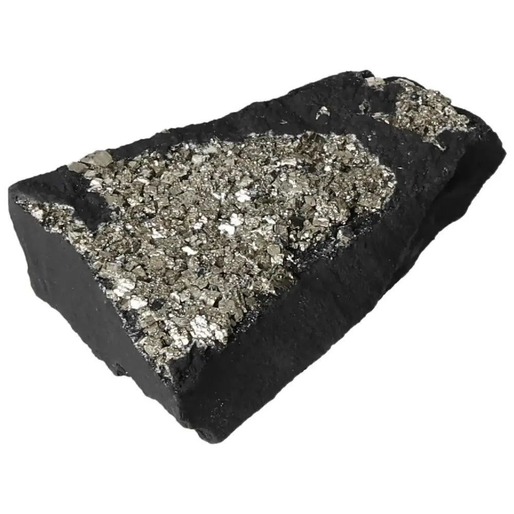 Close-up of Pyrite With Basalt crystal from Sylvia Crystals, showcasing its metallic sheen and textured rock base.