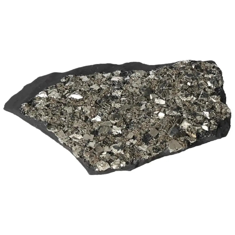 Close-up of Pyrite with Basalt stone, enhancing mental strength and material success, exclusive from Sylvia Crystals.