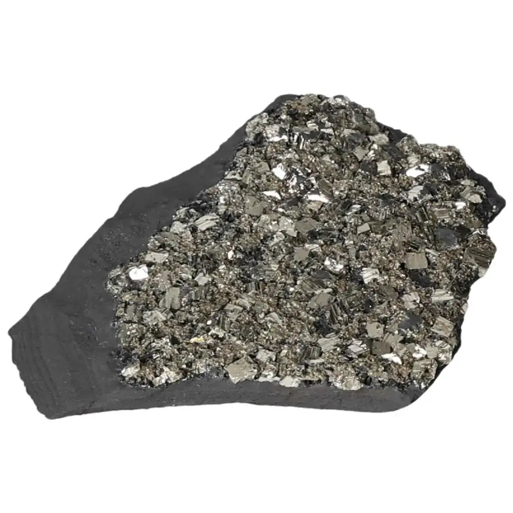 Polished Pyrite with Basalt crystal from Sylvia Crystals, showcasing its vibrant metallic sheen and rugged stone base.