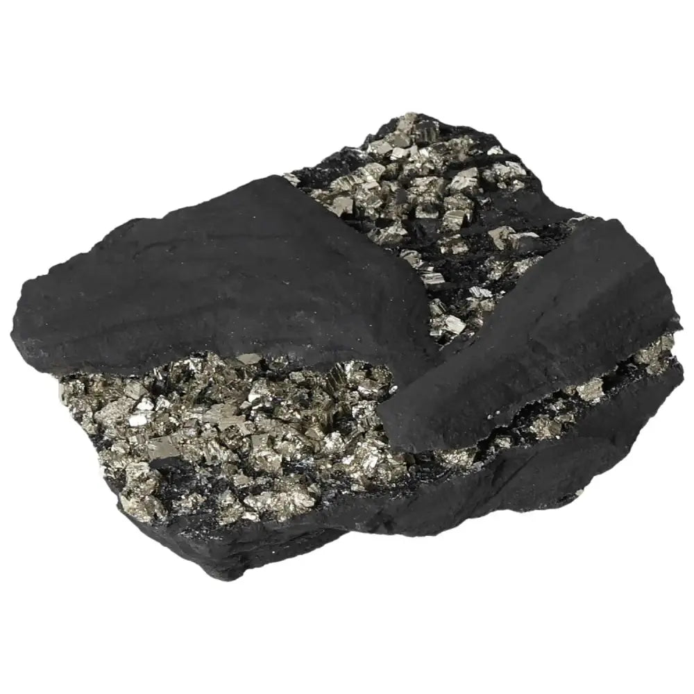 Premium Pyrite With Basalt gemstone by Sylvia Crystals, showcasing metallic and dark hues for personal growth and mental fortification.