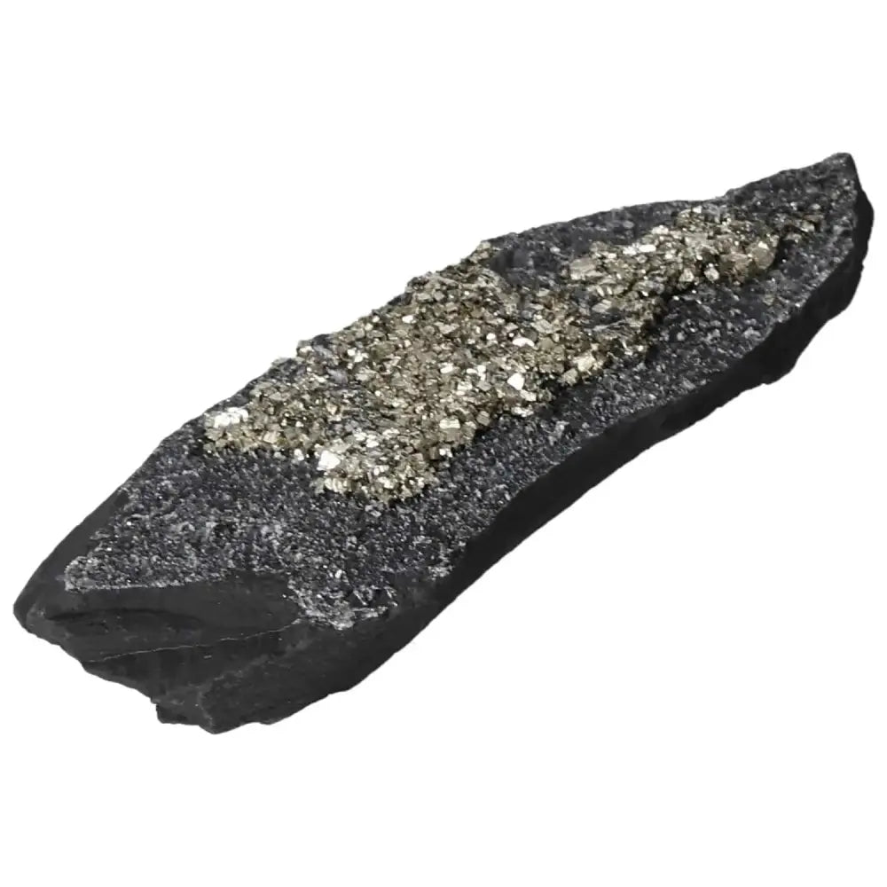 Pyrite With Basalt crystal from Sylvia Crystals, symbolizing luxury and transformation, on a white background.