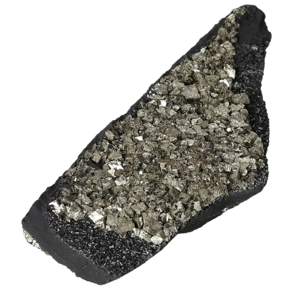 Pyrite With Basalt crystal from Sylvia Crystals, highlighting golden Pyrite and dark Basalt for prosperity and grounding.