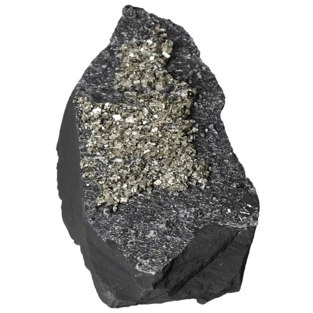 Pyrite with Basalt crystal from Sylvia Crystals, epitomizing luxury and spiritual enrichment, ideal for transformation and empowerment.