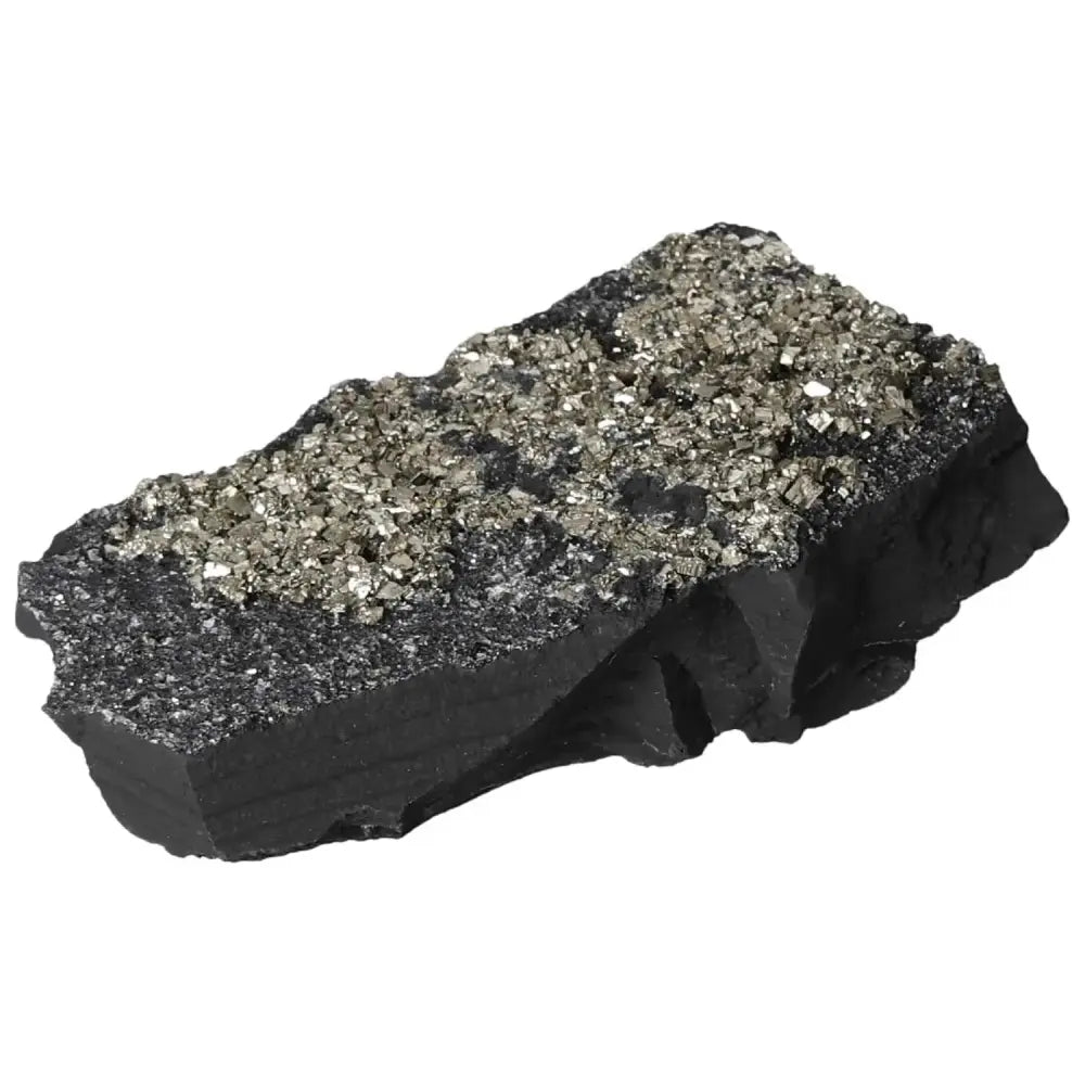 "Pyrite with Basalt crystal, a premium piece from Sylvia Crystals, known for enhancing courage and sparking initiative."