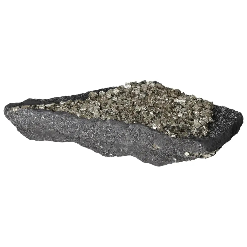 Pyrite with Basalt stone from Sylvia Crystals, highlighting its natural texture and unique combination of grounding and transformative energy.