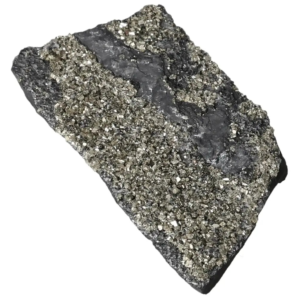 Pyrite With Basalt stone blend from Sylvia Crystals showcasing its glittering surface, symbolizing growth and empowerment.