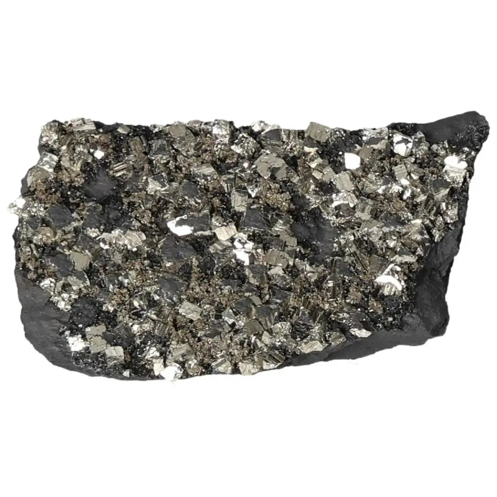 Pyrite with Basalt gemstone from Sylvia Crystals, featuring metallic crystals on a dark basalt base, symbolizing transformation.