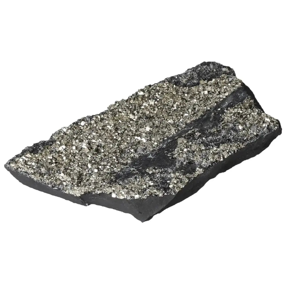 Shimmering Pyrite on dark Basalt slab, symbolizing harmony and empowerment from Sylvia Crystals' premium stone collection.