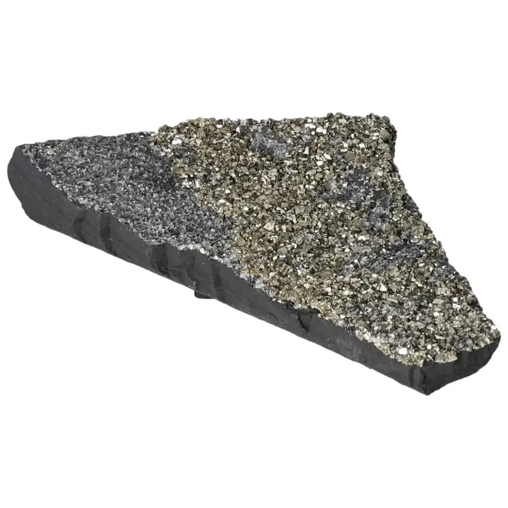 Triangular pyrite with basalt mineral, golden and gray tones, enhancing personal growth and independence. Sylvia Crystals collection.