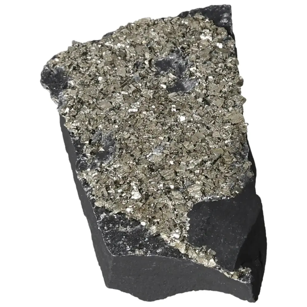 Pyrite with basalt mineral from Sylvia Crystals, showcasing golden pyrite atop dark basalt for creativity and grounding benefits.