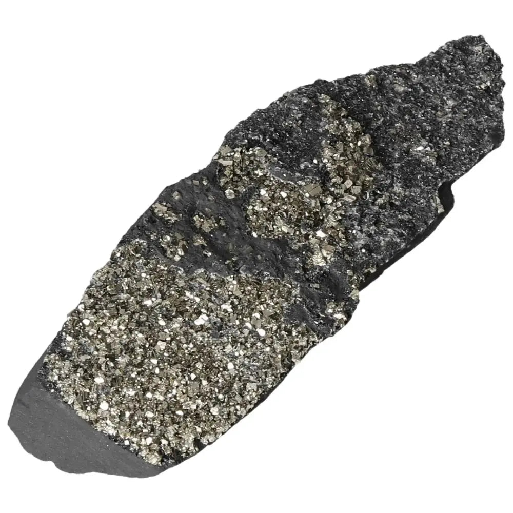 Close-up of a pyrite with basalt crystal, showcasing sparkling gold hues on a dark stone backdrop, from Sylvia Crystals' premium collection.