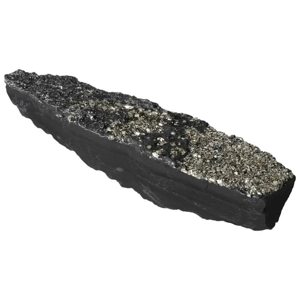 Close-up of Sylvia Crystals' Pyrite with Basalt, showcasing shimmering metallic pyrite on a dark basalt base for spiritual enhancement.