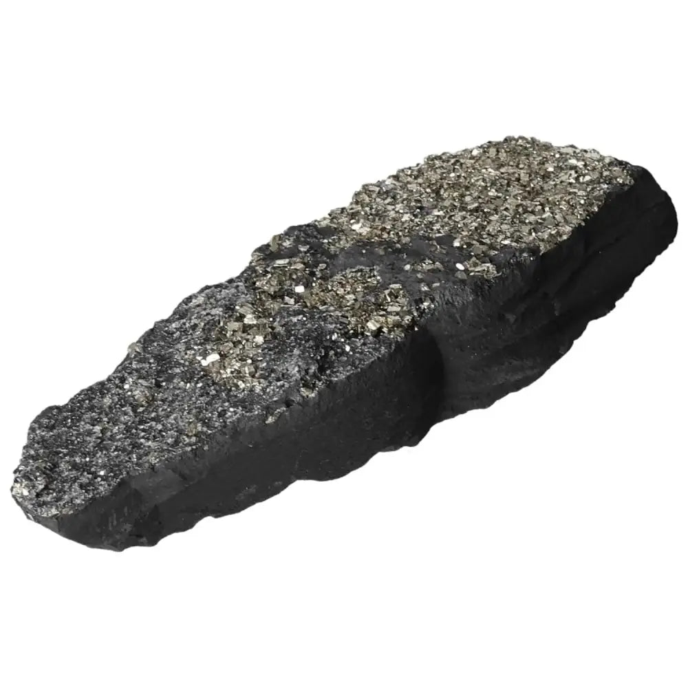 Pyrite with Basalt crystal, luxury spiritual stone from Sylvia Crystals, combines grounding basalt with glittering pyrite for confidence.