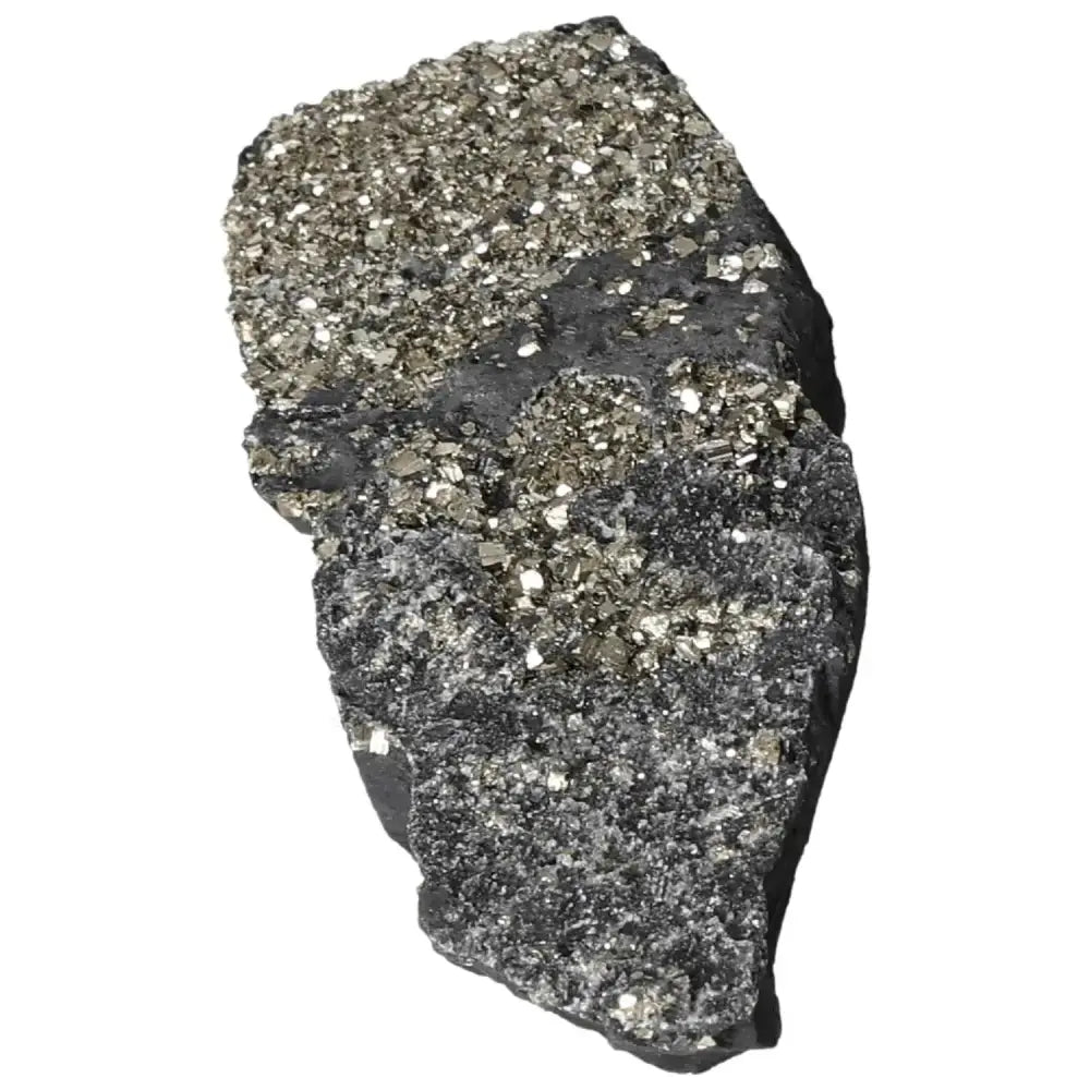 Pyrite with basalt crystal from Sylvia Crystals, featuring shimmering gold-like pyrite and dark basalt stone for spiritual enhancement.