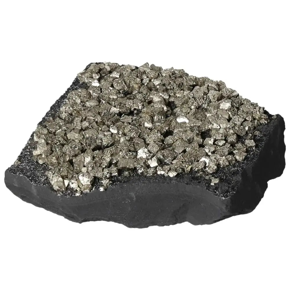 Close-up of a Pyrite with Basalt stone, showcasing sparkling pyrite crystals on a dark basalt base, ideal for personal growth and success.