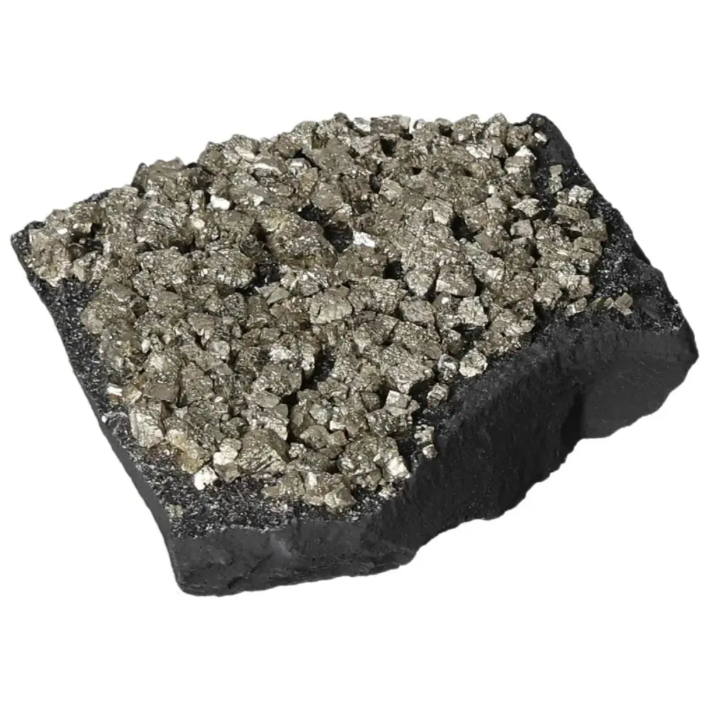Pyrite with Basalt stone from Sylvia Crystals, featuring energizing pyrite and grounding basalt for transformation and success.