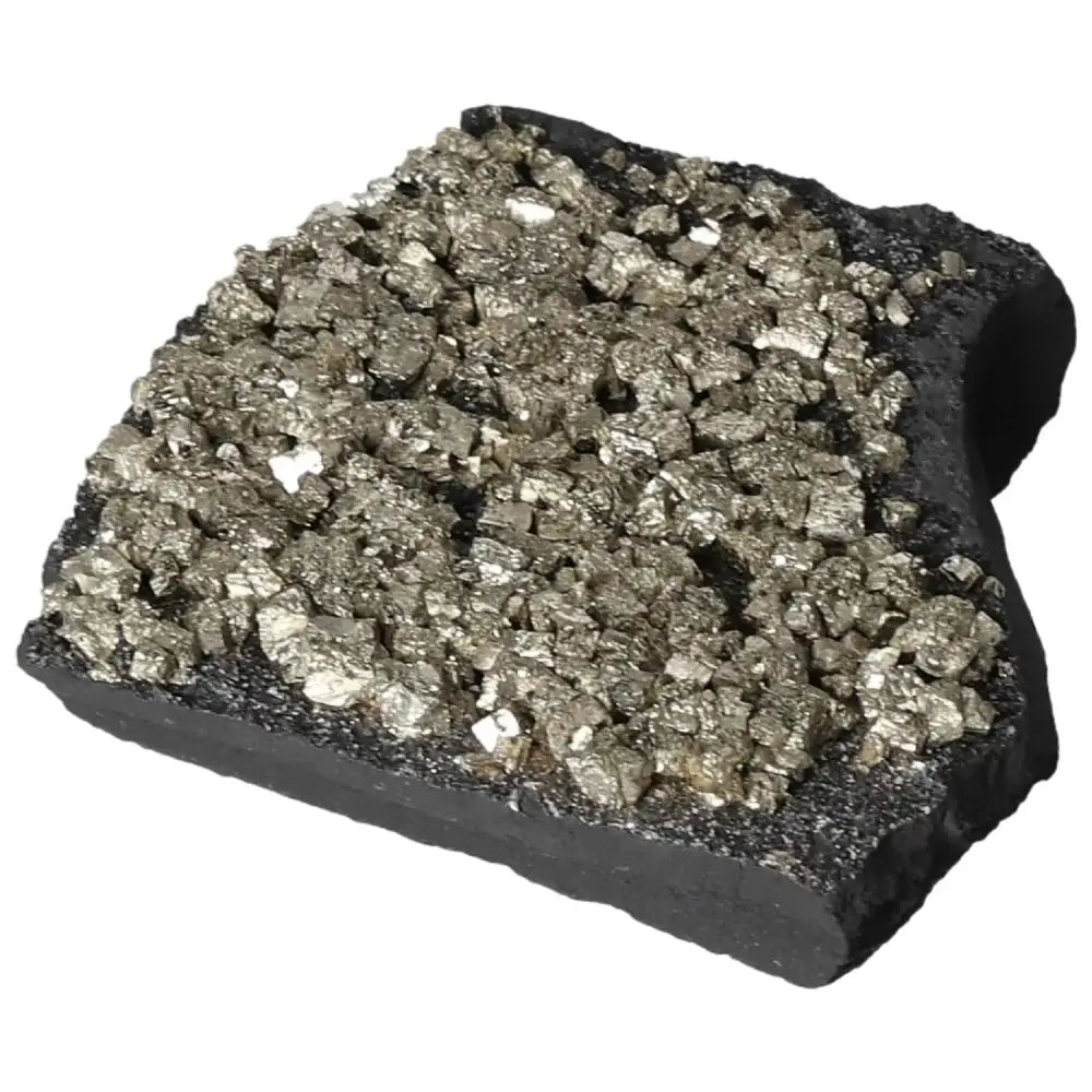 Alt Tag: Pyrite with basalt crystal, showcasing energizing and grounding properties, perfect for personal growth and success from Sylvia Crystals.