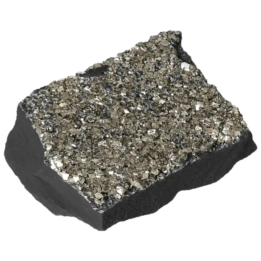 Shimmering Pyrite with Basalt stone from Sylvia Crystals, ideal for enhancing confidence, creativity, and material abundance.