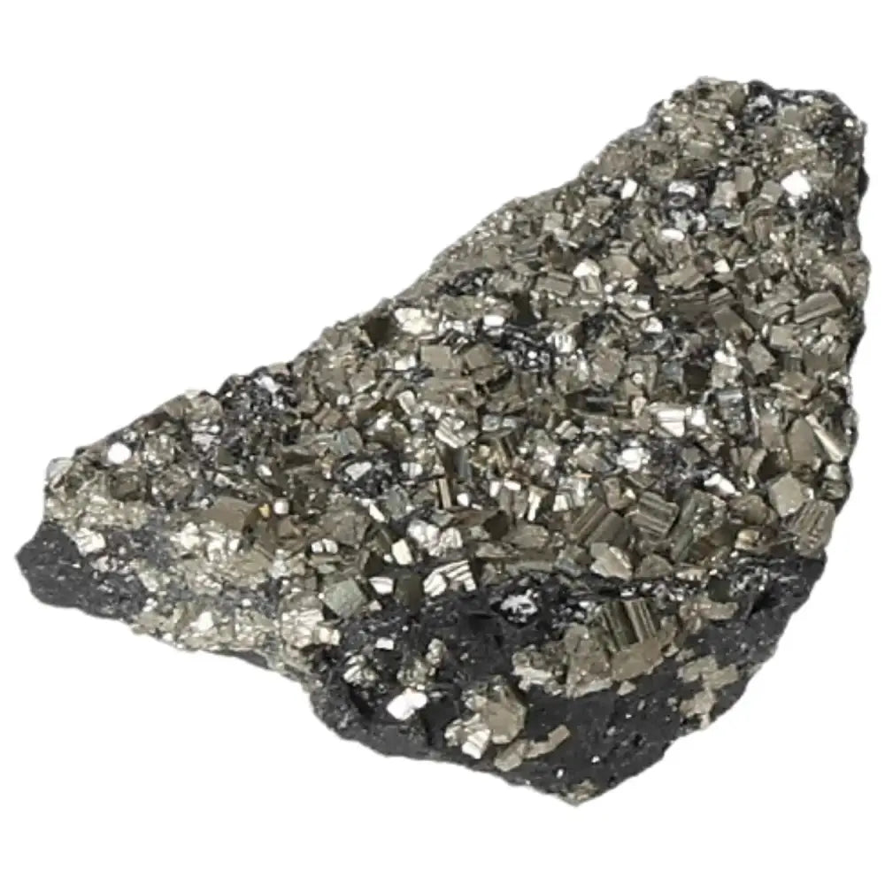 Pyrite with Basalt crystal from Sylvia Crystals, showcasing metallic luster and texture, symbolizing wealth and independence.