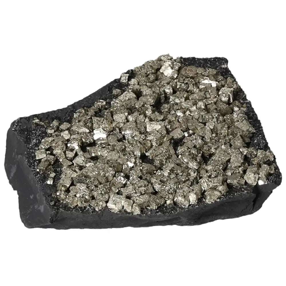 Pyrite With Basalt stone showcasing energizing pyrite crystals atop grounding basalt, ideal for personal growth and transformation.