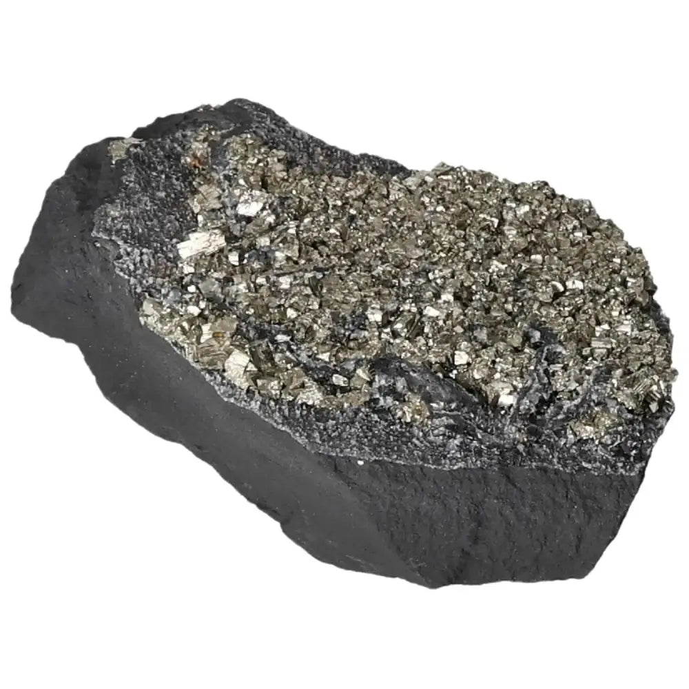 Pyrite with Basalt crystal showcasing golden shimmer and grounding basalt, ideal for personal and professional growth, by Sylvia Crystals.