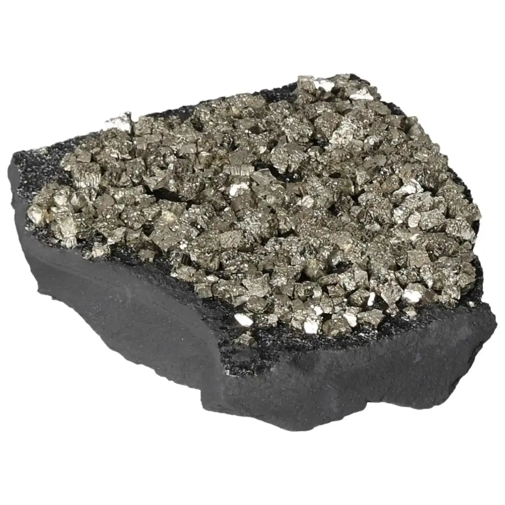Pyrite with Basalt from Sylvia Crystals, showcasing energizing and grounding properties for personal growth and success.