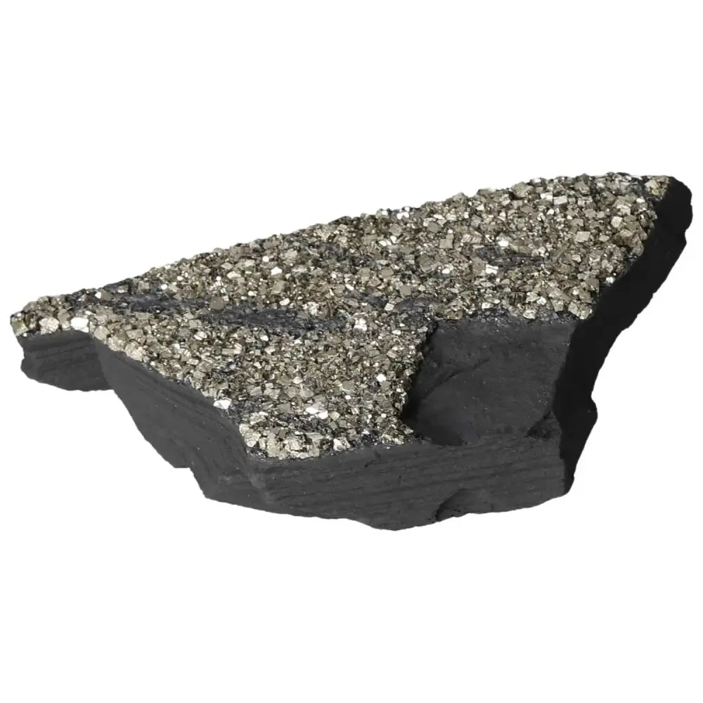Glittering Pyrite and Basalt crystal, Sylvia Crystals product, enhances creativity and self-reliance, boosts mental and material growth.