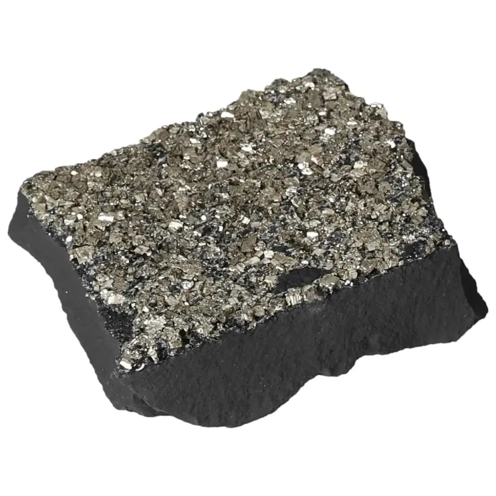 Polished Pyrite with Basalt stone from Sylvia Crystals, promoting mental clarity and abundance for entrepreneurs and creatives.