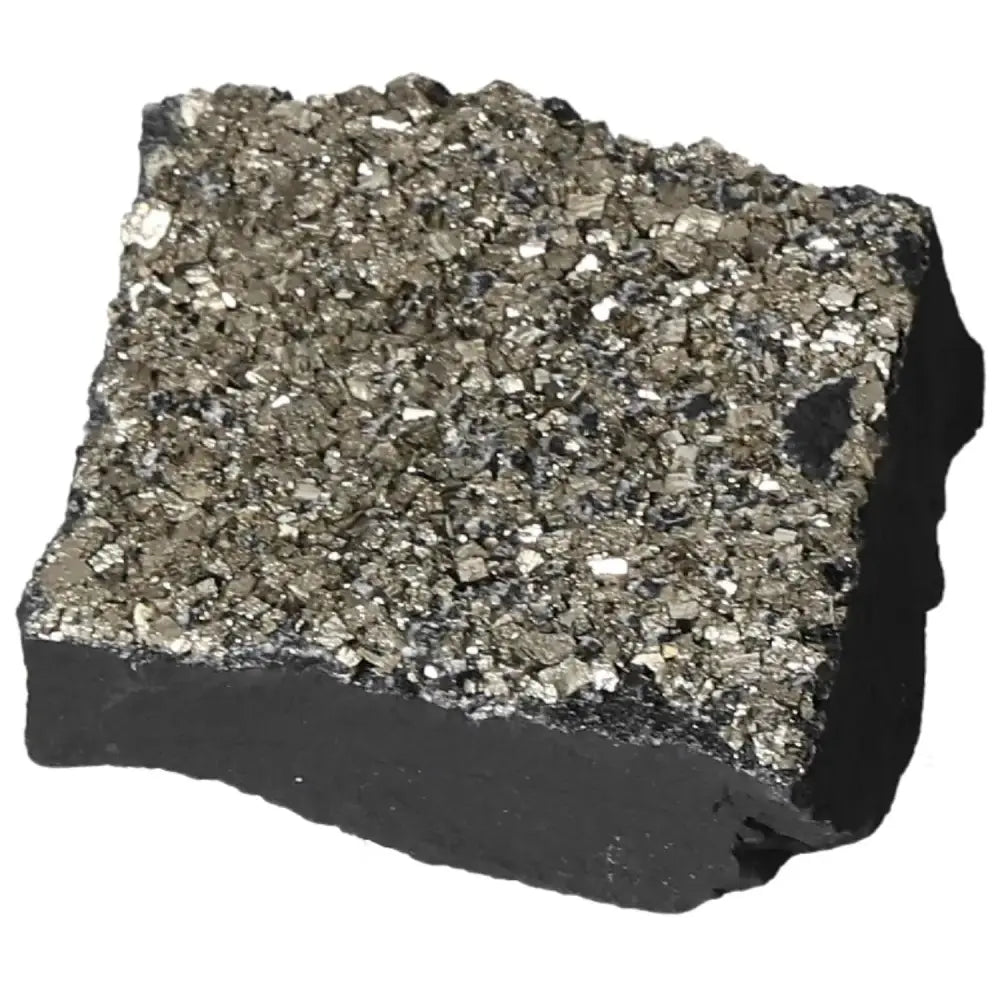 Close-up of Pyrite with Basalt crystal, showcasing sparkling gold flecks on dark stone, ideal for mental clarity and material abundance.