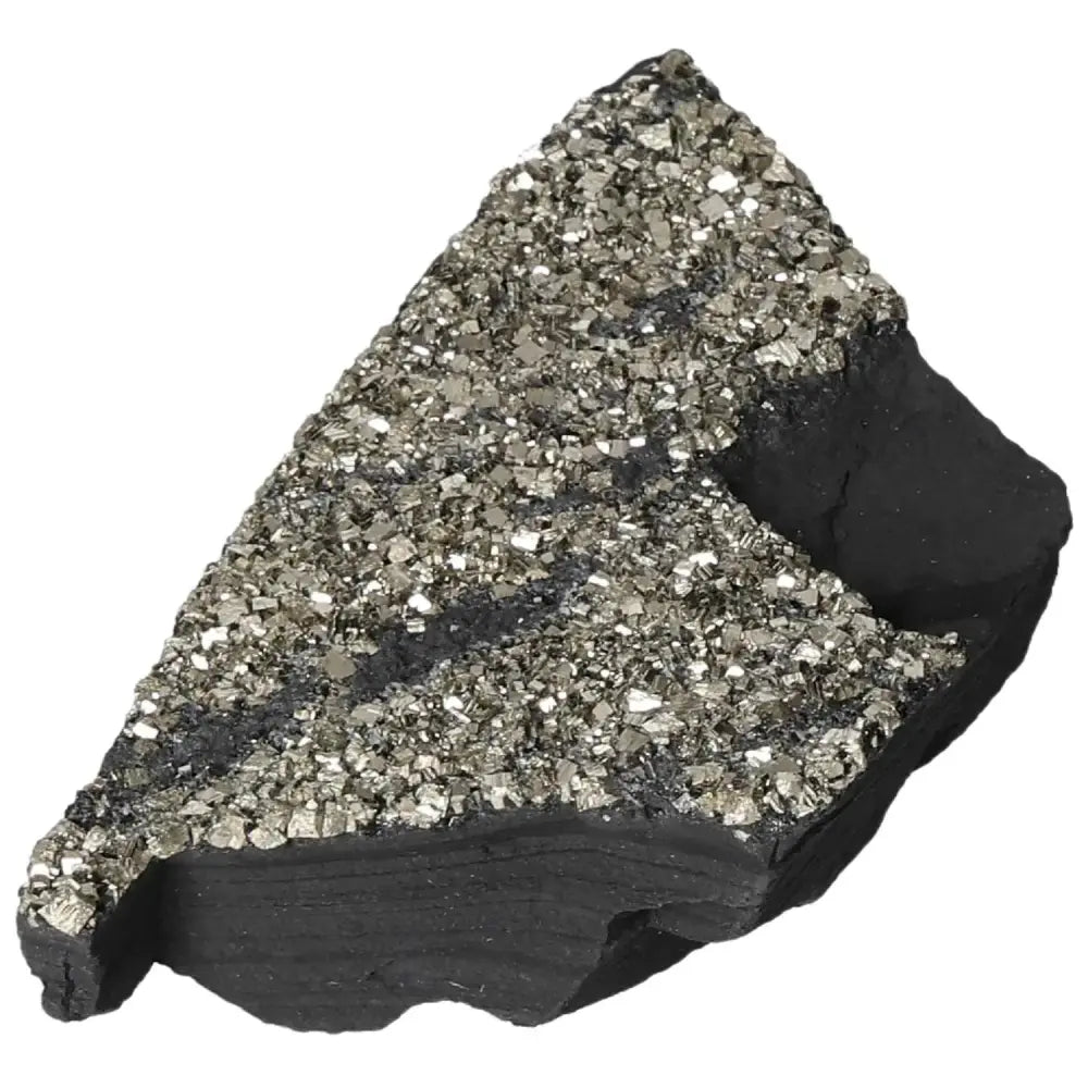 "Pyrite With Basalt stone piece from Sylvia Crystals, featuring sparkling pyrite crystals on a dark basalt base."