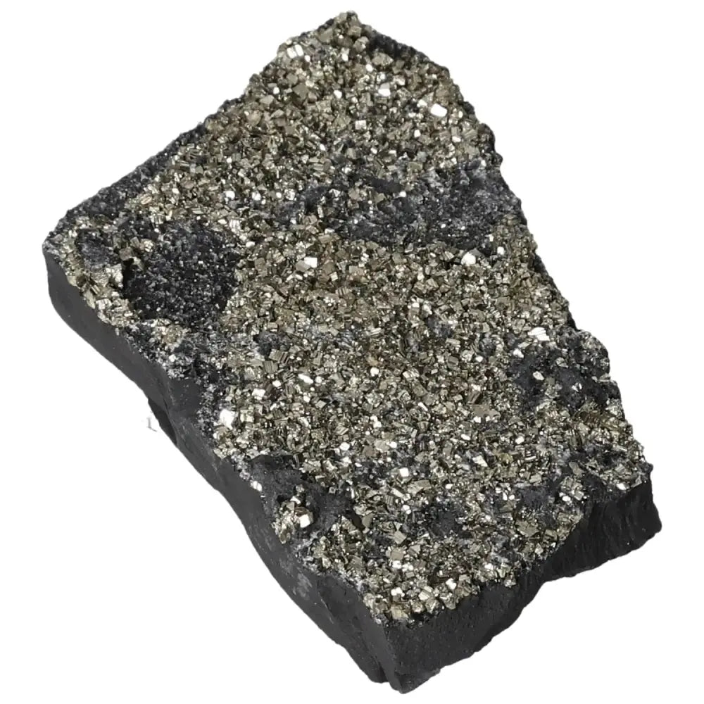 Polished Pyrite and Basalt crystal from Sylvia Crystals showcasing "Fool's Gold" atop dark Basalt, ideal for personal growth and grounding.