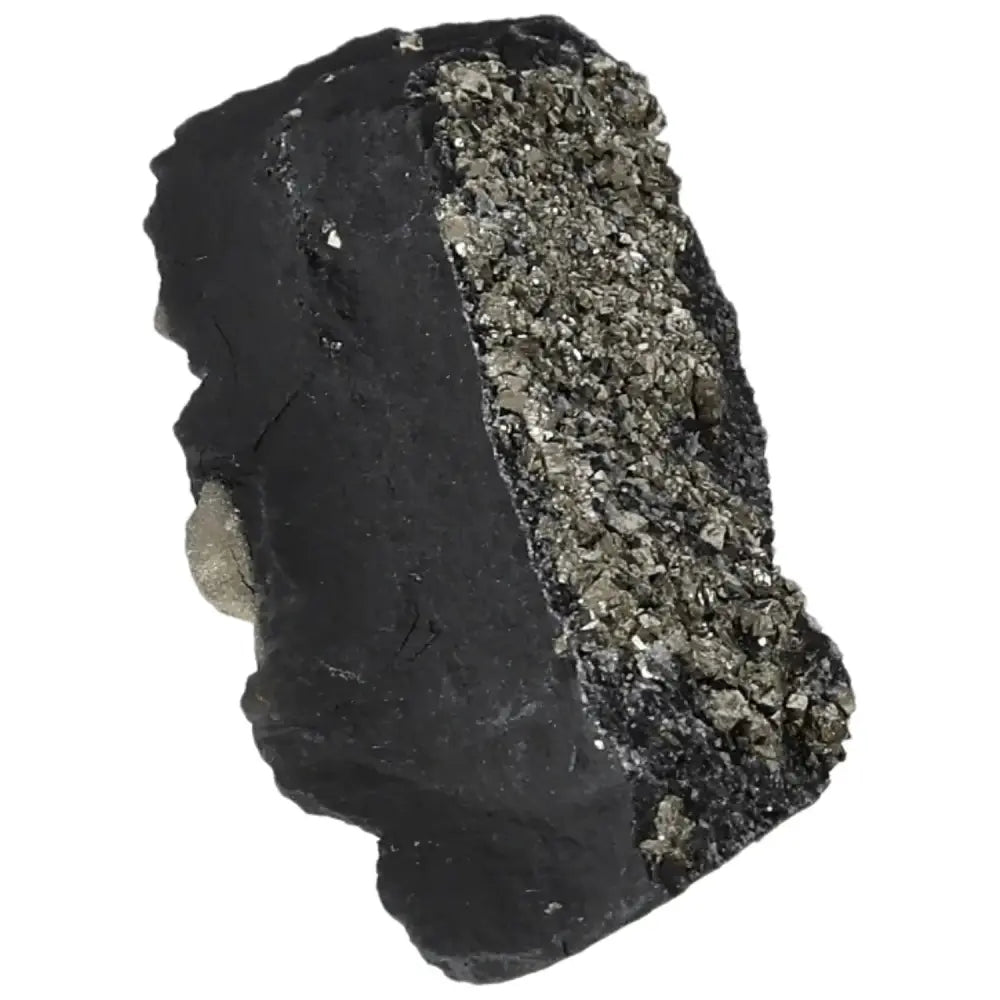 Close-up of Pyrite with Basalt stone, an exquisite duo from Sylvia Crystals, symbolizing the harmony of spirit and material independence.