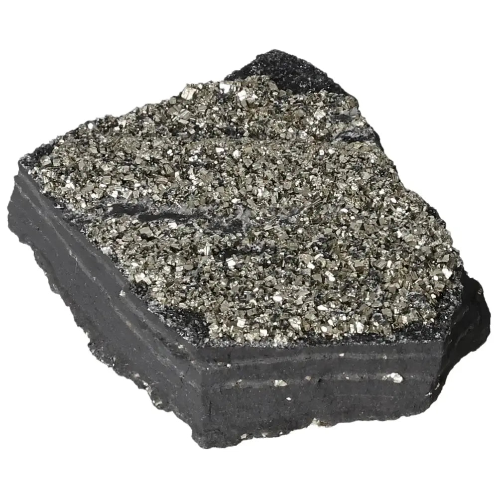 Pyrite with Basalt crystal, showcasing sparkling gold tones atop a dark stone, symbolizing wealth and grounding energy.