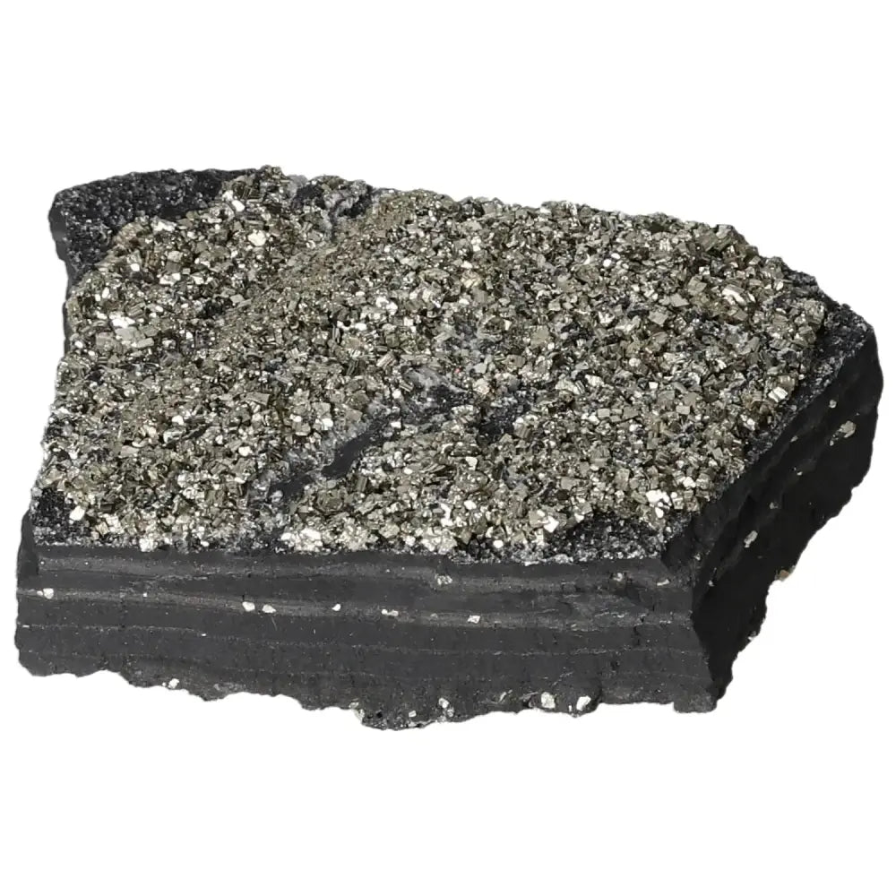 Sparkling pyrite atop a dark basalt base, showcasing natural beauty and energy.