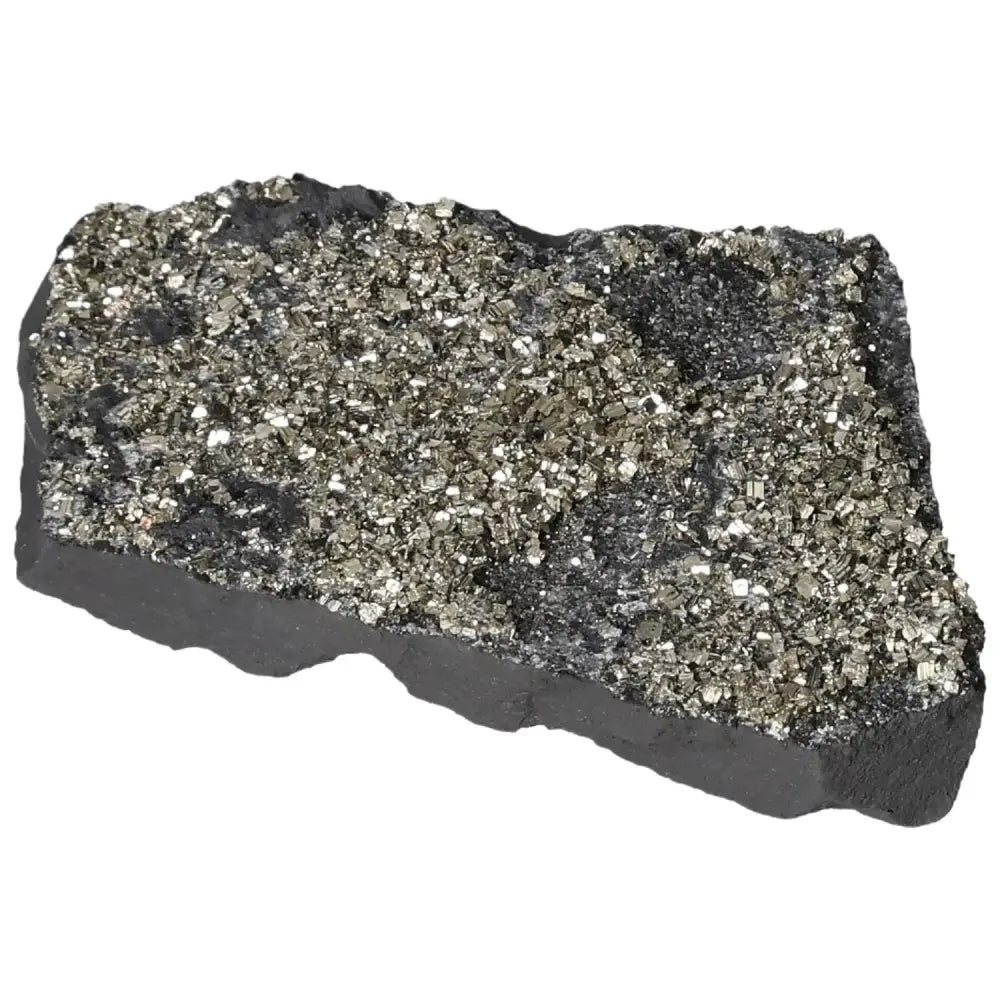 Alt Tag: Sparkling Pyrite on Basalt Stone from Sylvia Crystals, symbolizing personal growth and independence.