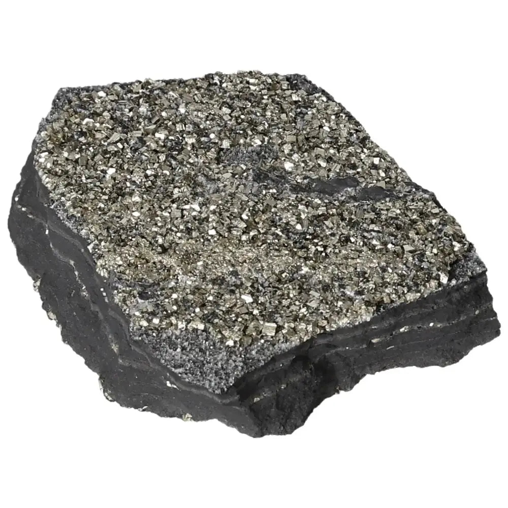 Shimmering Pyrite on Basalt stone, symbolizing wealth and stability from Sylvia Crystals. A perfect blend of elegance and grounding energy.