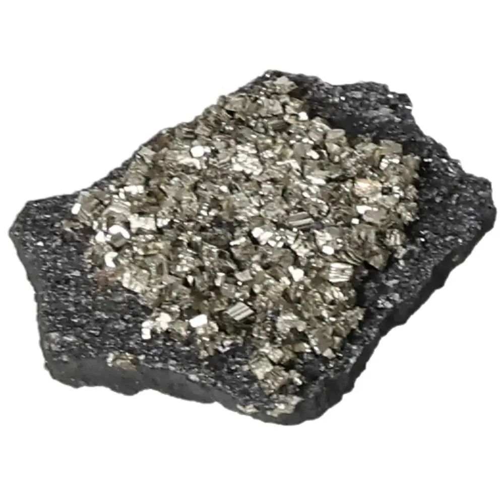 "Pyrite With Basalt gemstone from Sylvia Crystals, showcasing golden crystals over dark basalt for creativity enhancement"