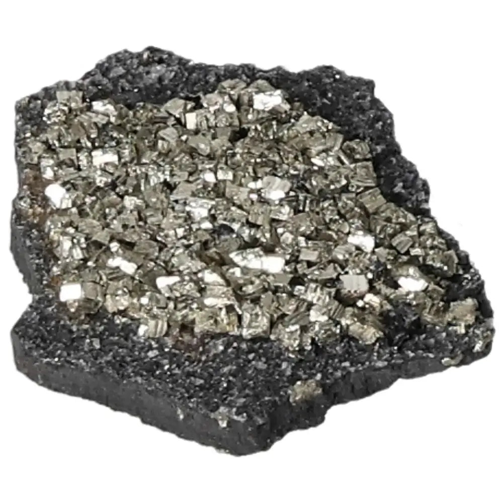 Pyrite with Basalt gemstone, embodying creativity and independence, from Sylvia Crystals. Perfect for overcoming fear of failure.