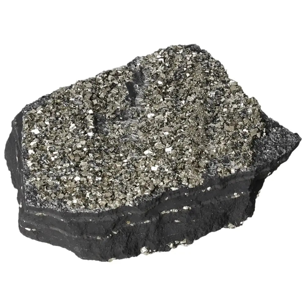 Pyrite with Basalt crystal, featuring shimmering gold hues and dark grounding base, from Sylvia Crystals collection.