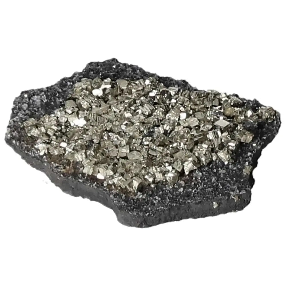 Golden pyrite crystals on dark basalt, highlighting unique gemstone blend with creative spark properties.