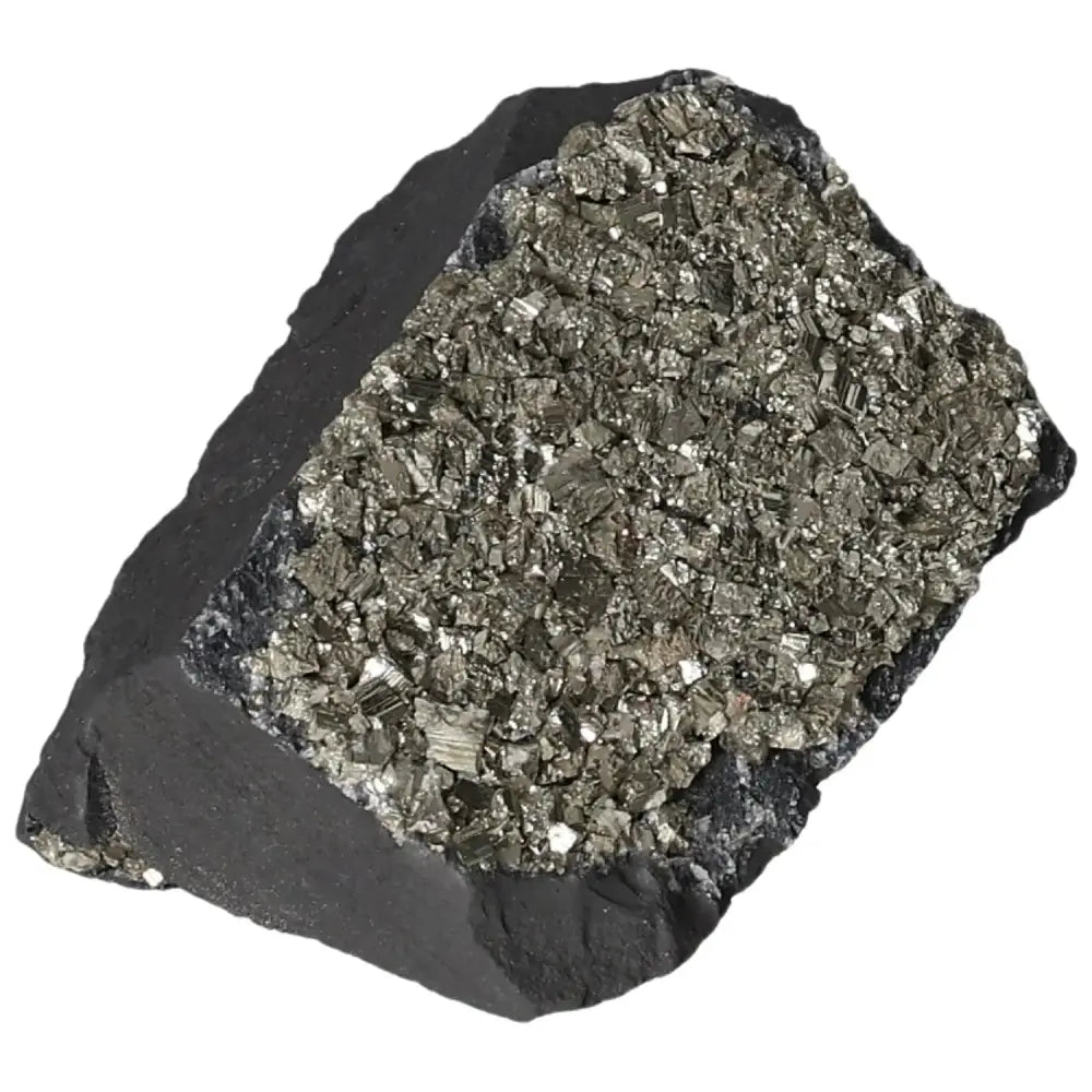 Close-up of Pyrite with Basalt crystal from Sylvia Crystals, showcasing iridescent "Fool's Gold" atop dark Basalt base.