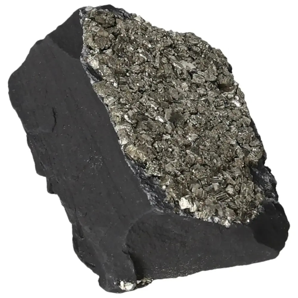 Pyrite with Basalt mineral rock, showcasing shimmering gold-like crystals on dark stone, a perfect synergy of beauty and empowerment.